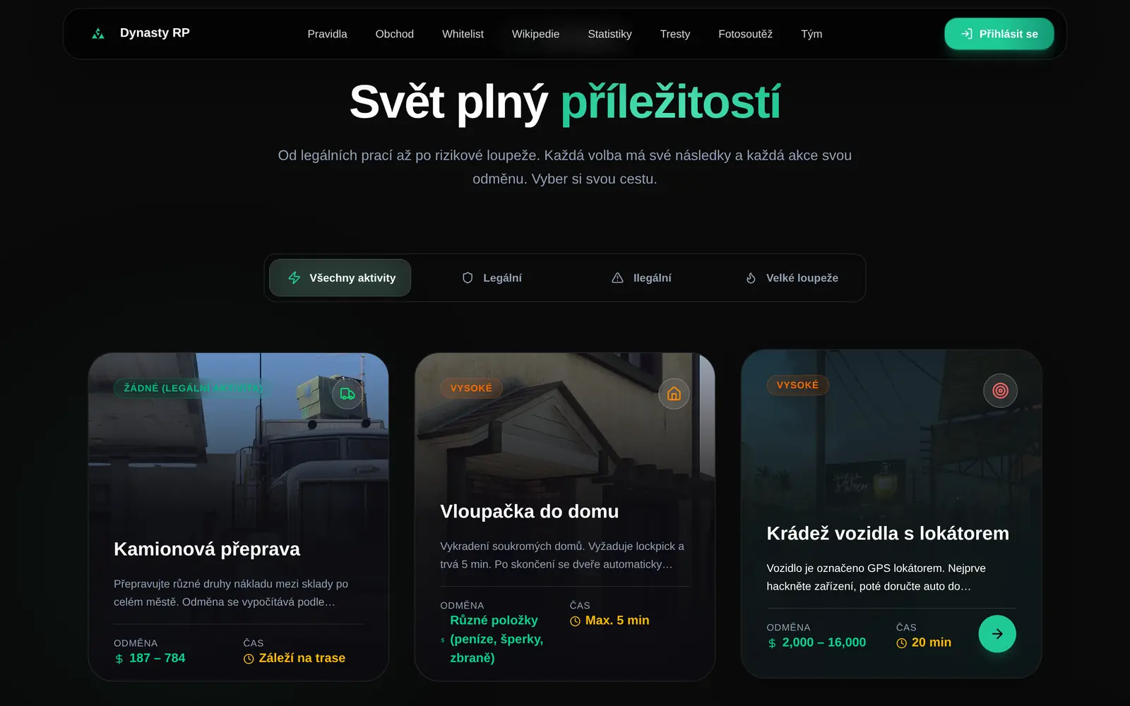 Sekcia herných aktivít s filtrom legálne a nelegálne