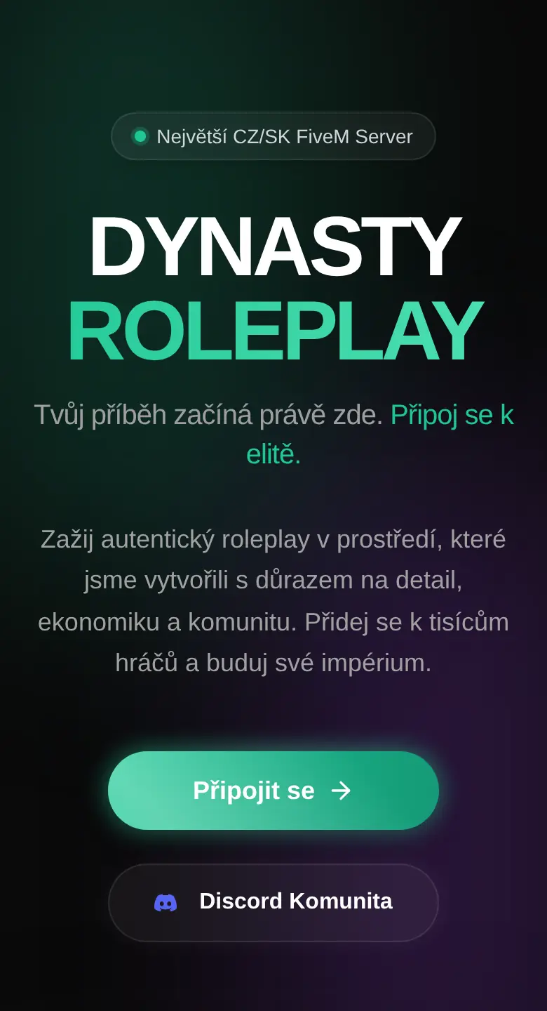 Úvodná stránka webu Dynasty RP na mobile