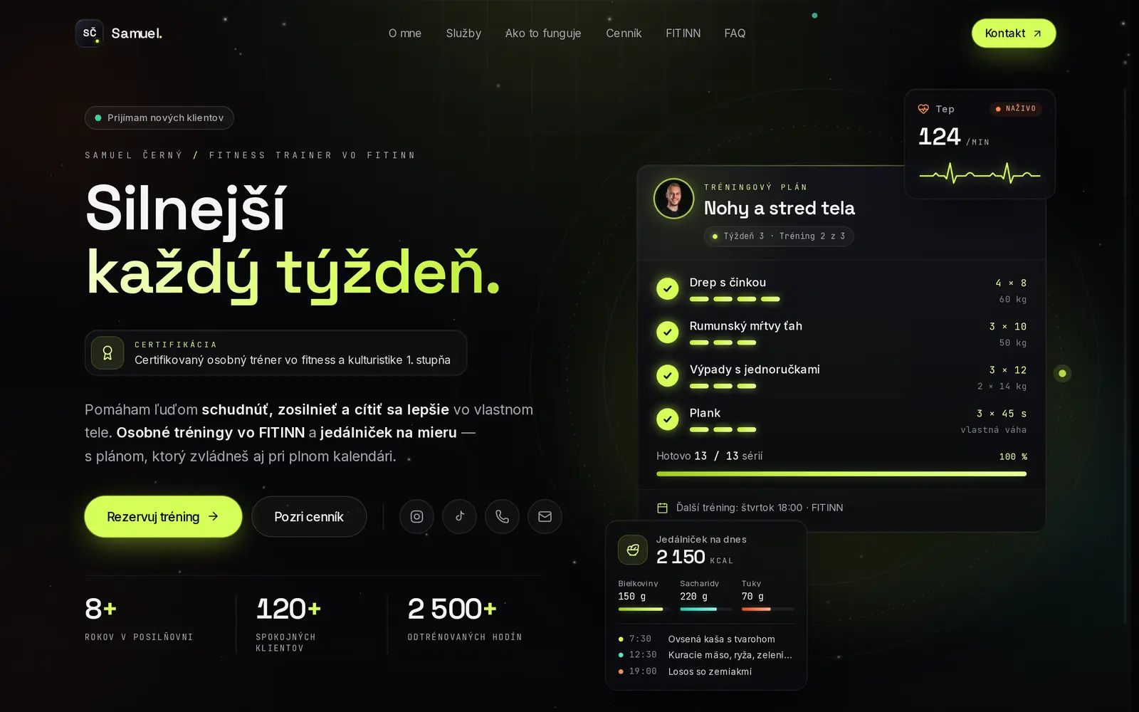 Úvodná sekcia webu Samuela Černého s tréningovým plánom, tepom a jedálničkom