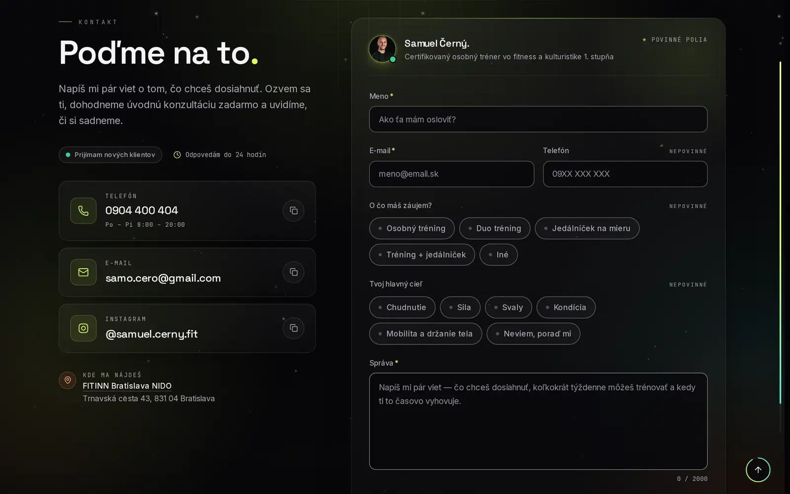 Kontaktná sekcia s formulárom a výberom služby a cieľa