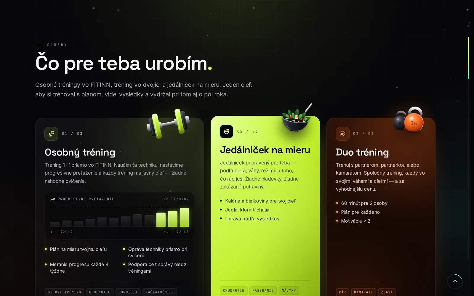 Sekcia Služby s tromi kartami a 3D objektmi